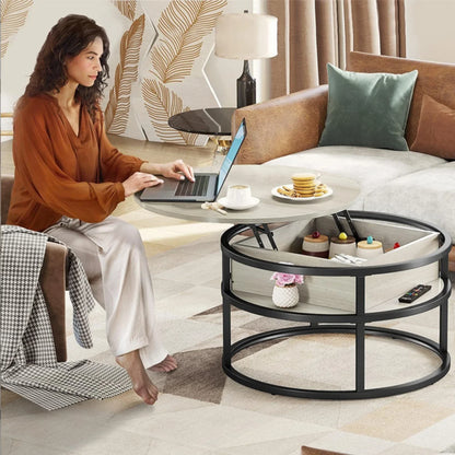Table basse ronde en bois avec plateau relevable et rangement 80x80x47 cm