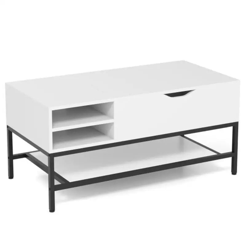 Table basse blanche et en bois avec plateau relevable et rangement caché