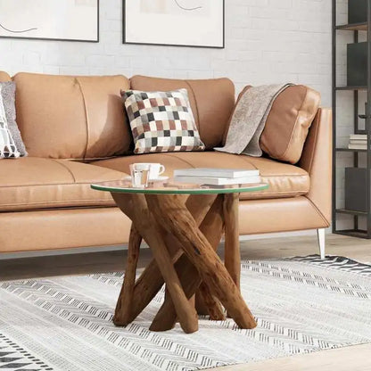 Table basse en bois massif teck bord brut 60 cm ronde