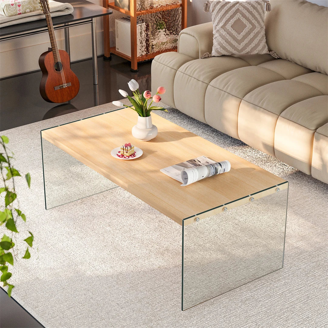Table basse bois clair 120x60x45 cm avec plateau en verre trempé