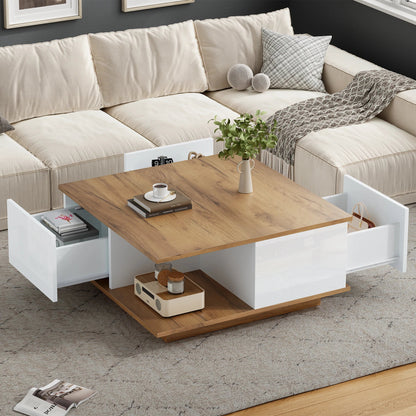 Table basse blanche et en bois avec tiroirs géométrique haut brillant