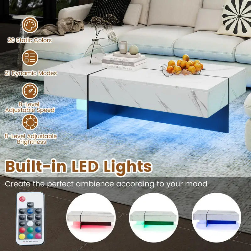 Table basse blanche et en bois MDF avec tiroirs et LED multicolores
