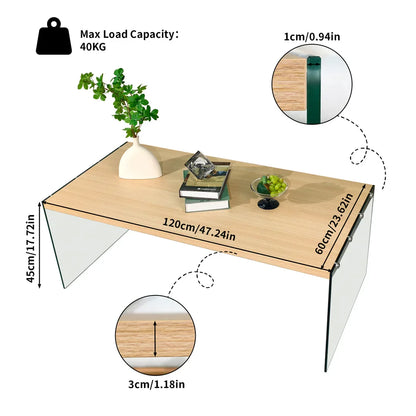 Table basse bois clair 120x60x45 cm avec plateau en verre trempé