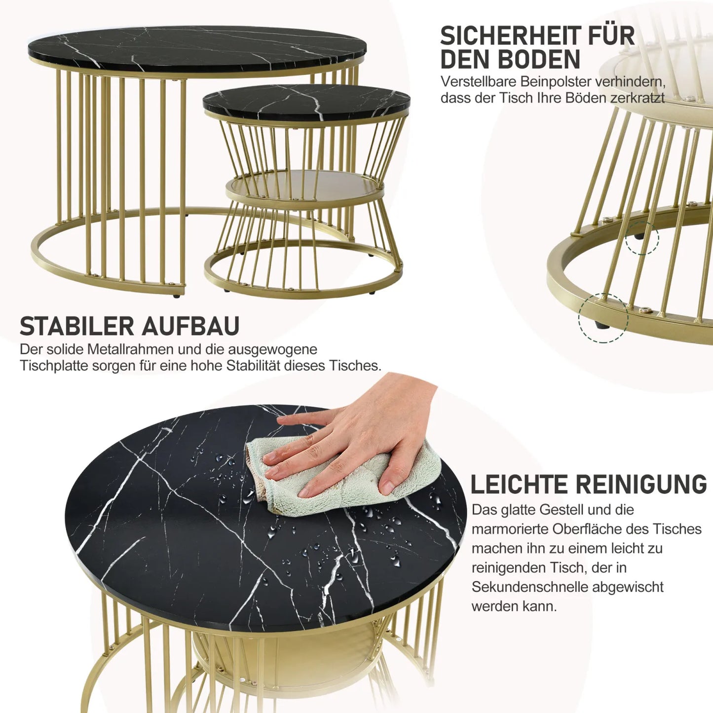 Table basse ronde en bois MDF avec verre trempé double étagère