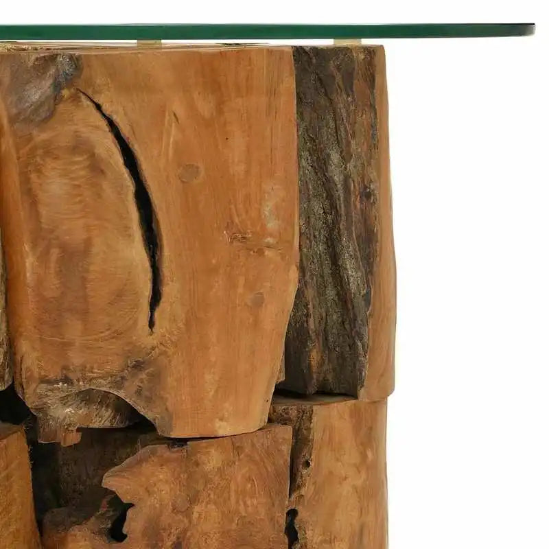 Table basse en bois massif teck 60 cm verre trempé brune