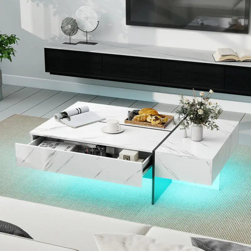 Table basse blanche et en bois MDF avec tiroirs et LED multicolores