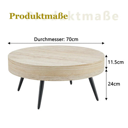 Table basse ronde en bois MDF effet travertin clair avec piètement métal noir 70 cm