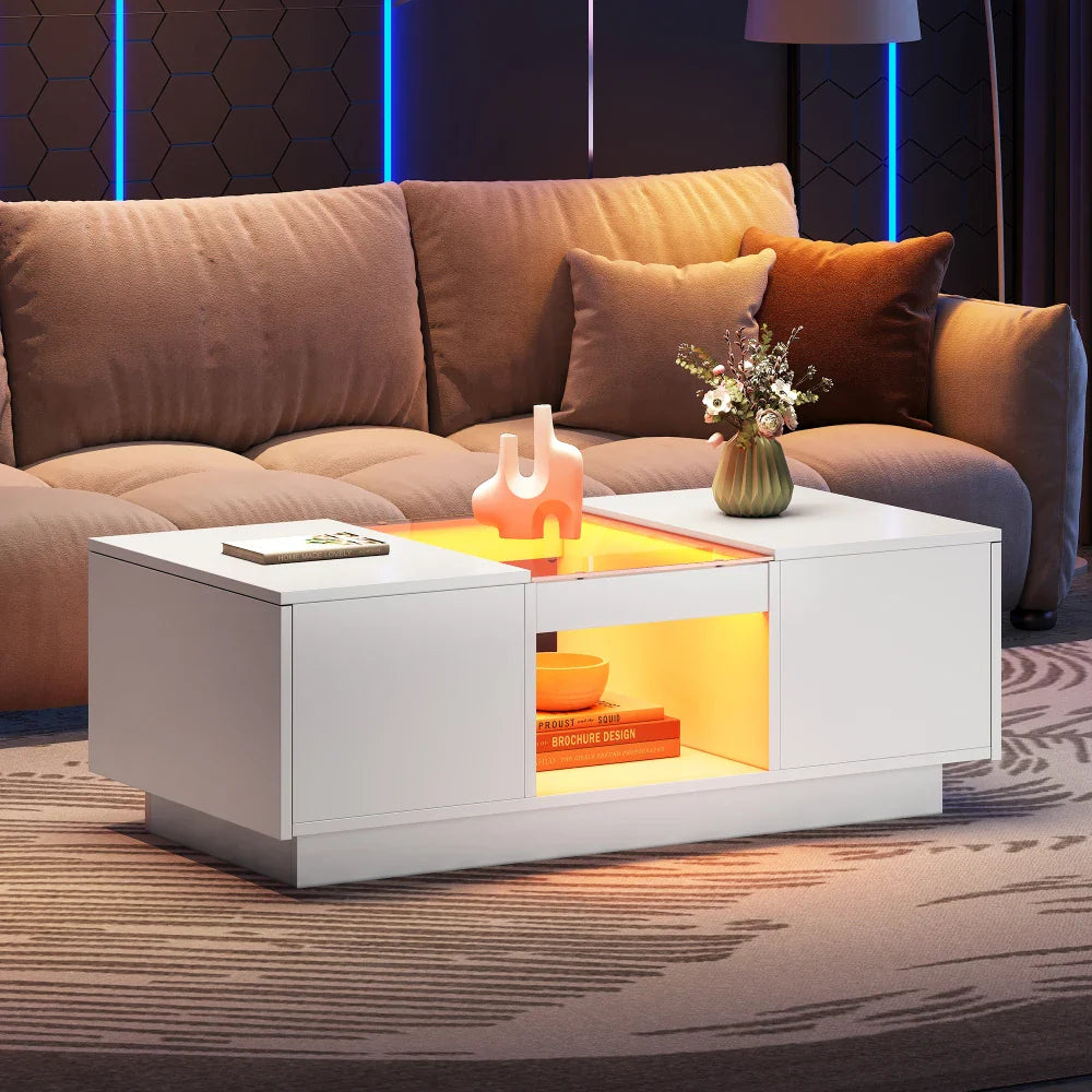 Table basse blanche et en bois avec LED et tiroir 100x50x35.5 cm