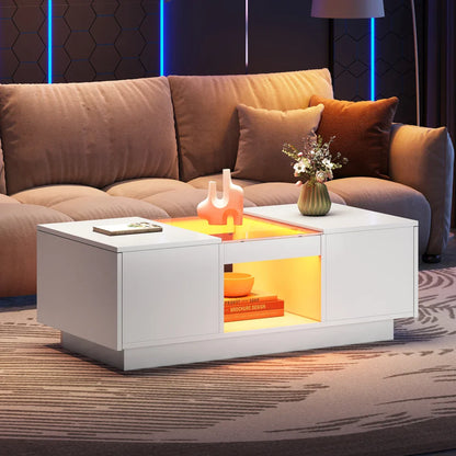 Table basse blanche et en bois avec LED et tiroir 100x50x35.5 cm
