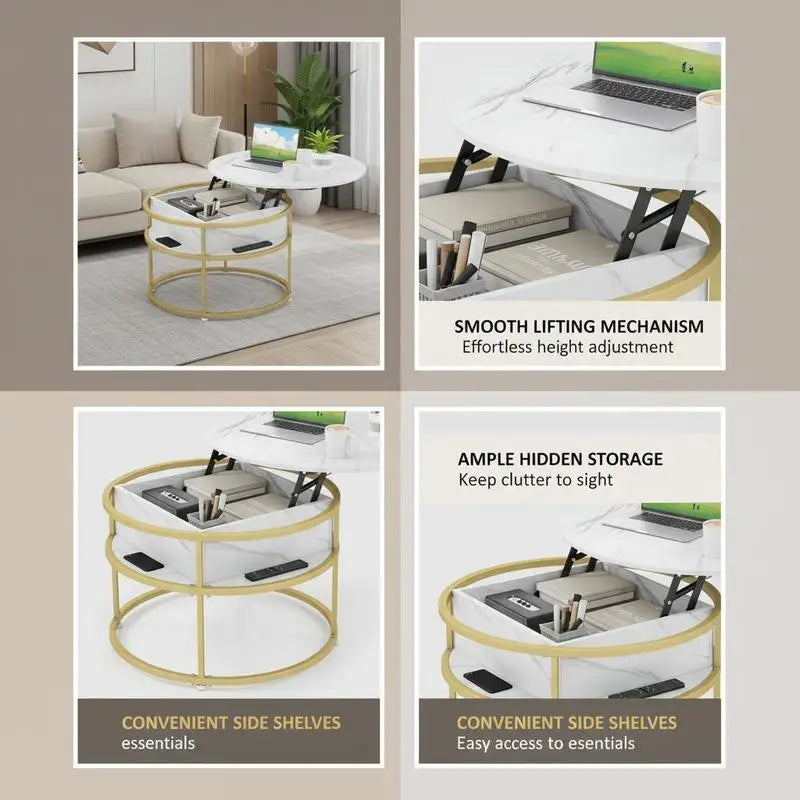 Table basse ronde en bois avec mécanisme lift et rangement caché 80x80x50H cm