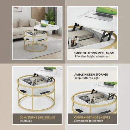 Table basse ronde en bois avec mécanisme lift et rangement caché 80x80x50H cm