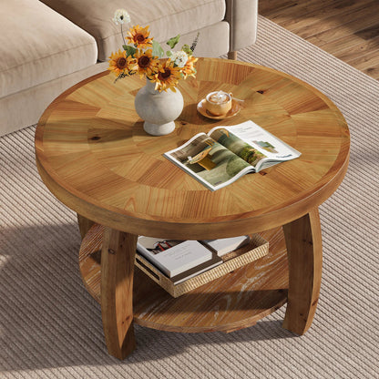 Table basse en bois massif ronde 2 niveaux 80 cm marron