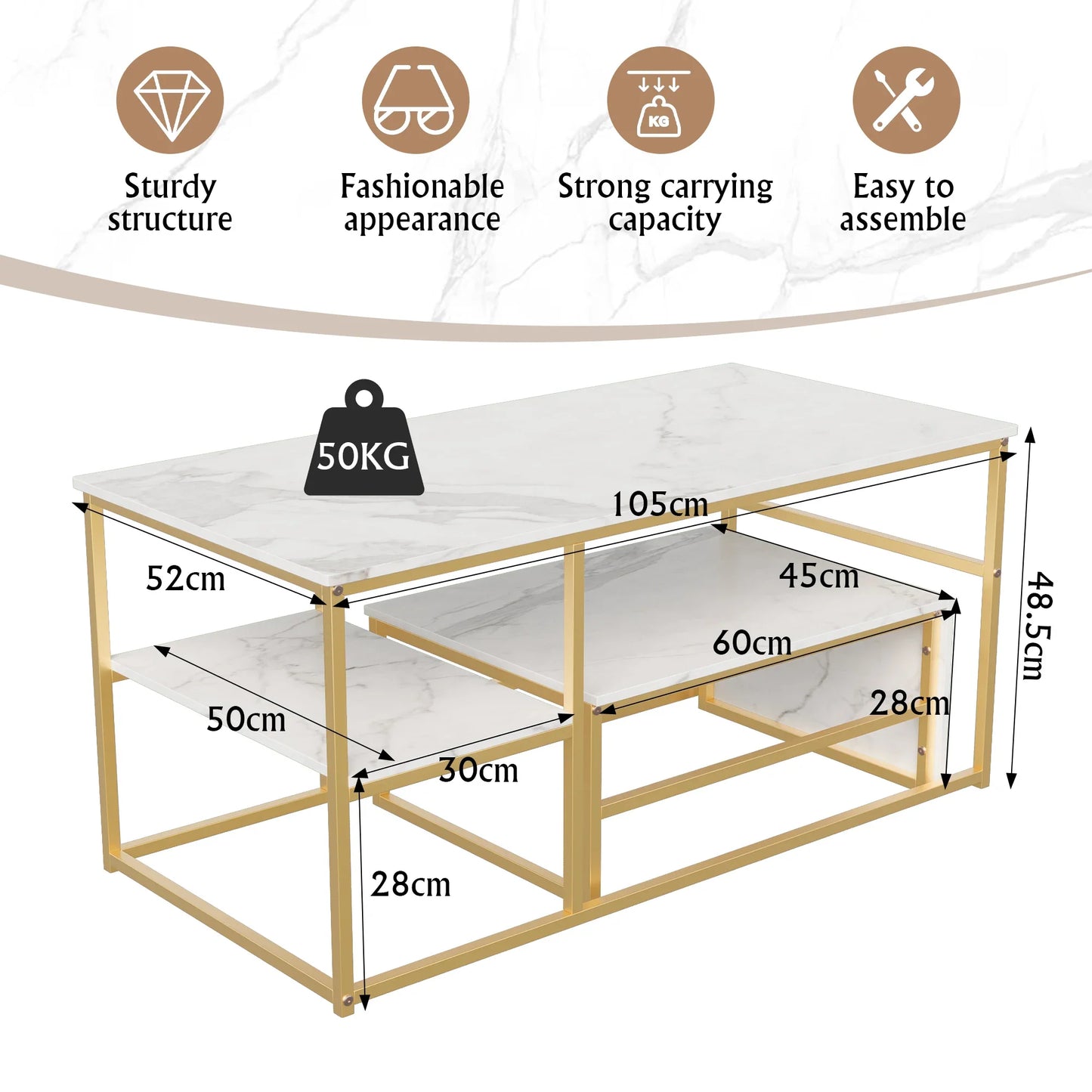 Table basse blanche et en bois avec étagères et cadre en acier 105x52x48.5 cm