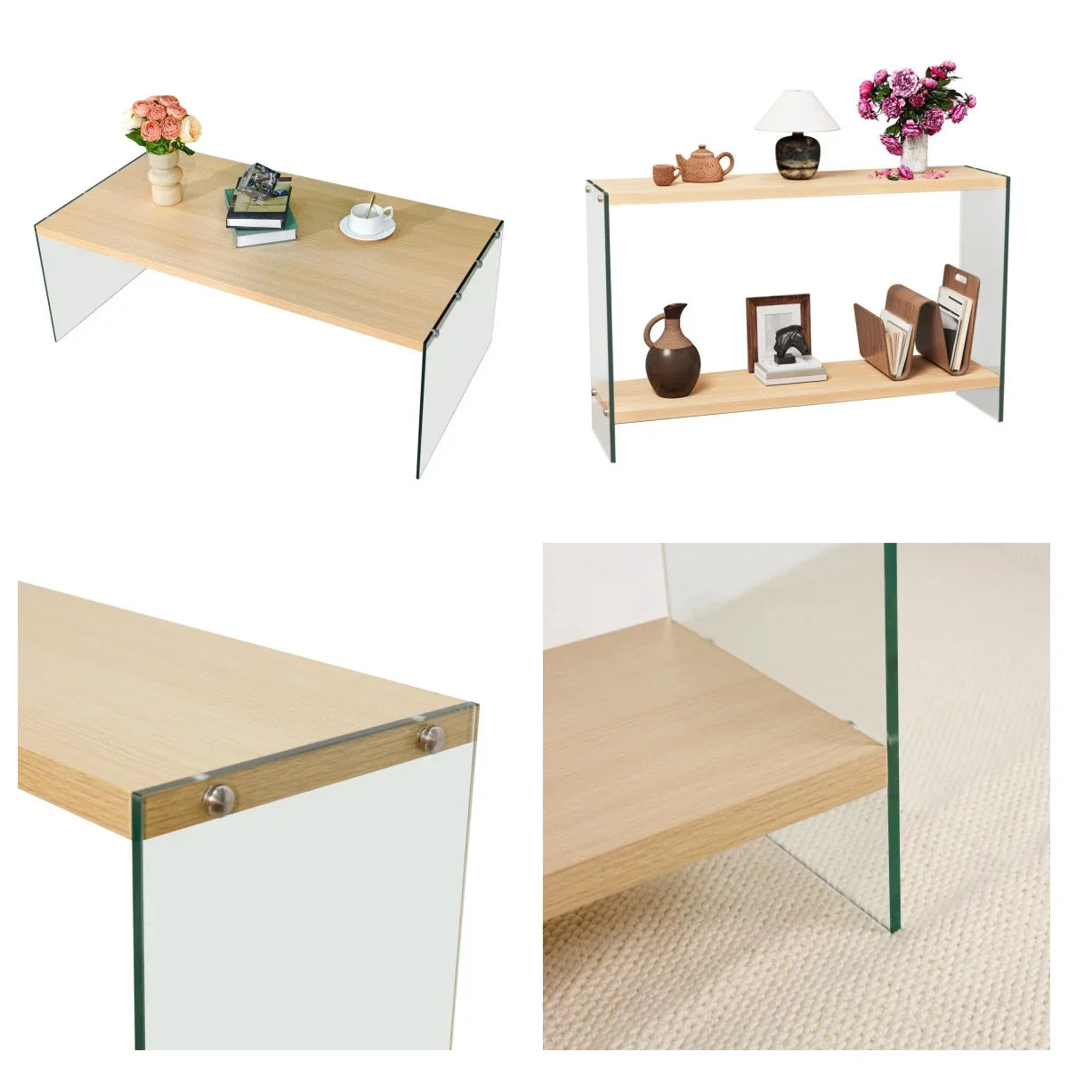 Table basse bois clair 120x60x45 cm avec plateau en verre trempé