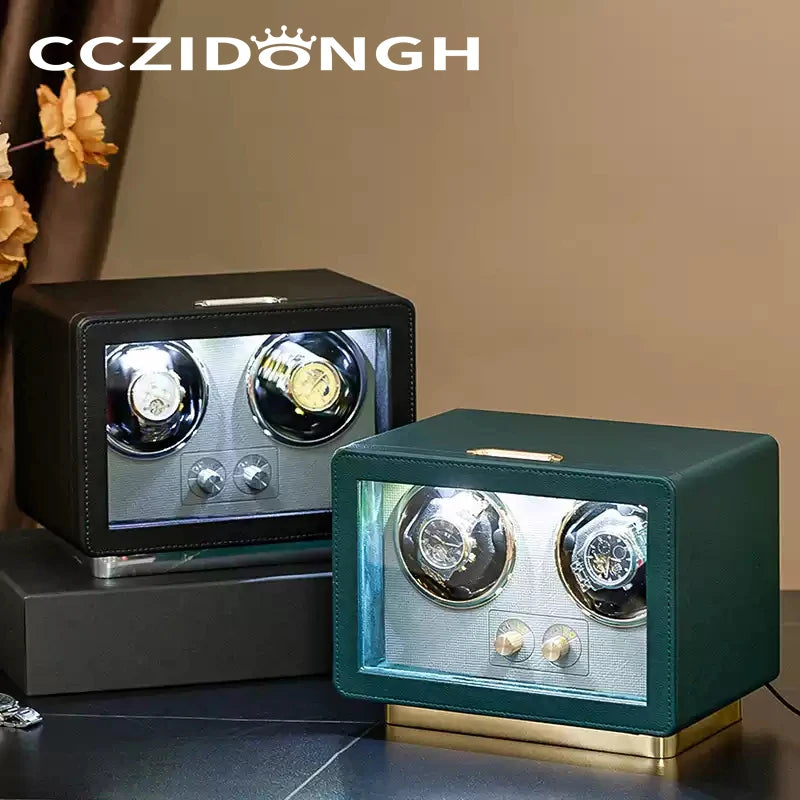 CCZIDONGH Wooden Watch Winder Box Automatic Watch Winder 2 Slots Watch Storage Box With Led Light Watch Box