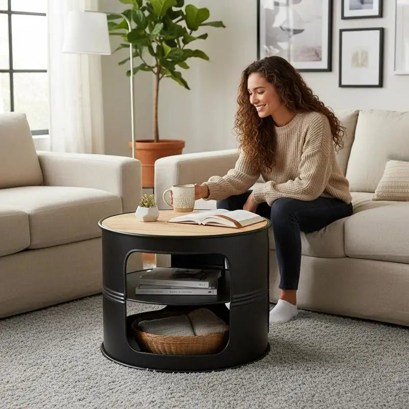 Table basse en bois et noir ronde 3 niveaux métal 50 kg