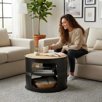 Table basse en bois et noir ronde 3 niveaux métal 50 kg