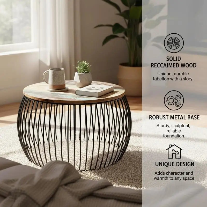 Table basse ronde en bois massif recyclé avec piètement acier