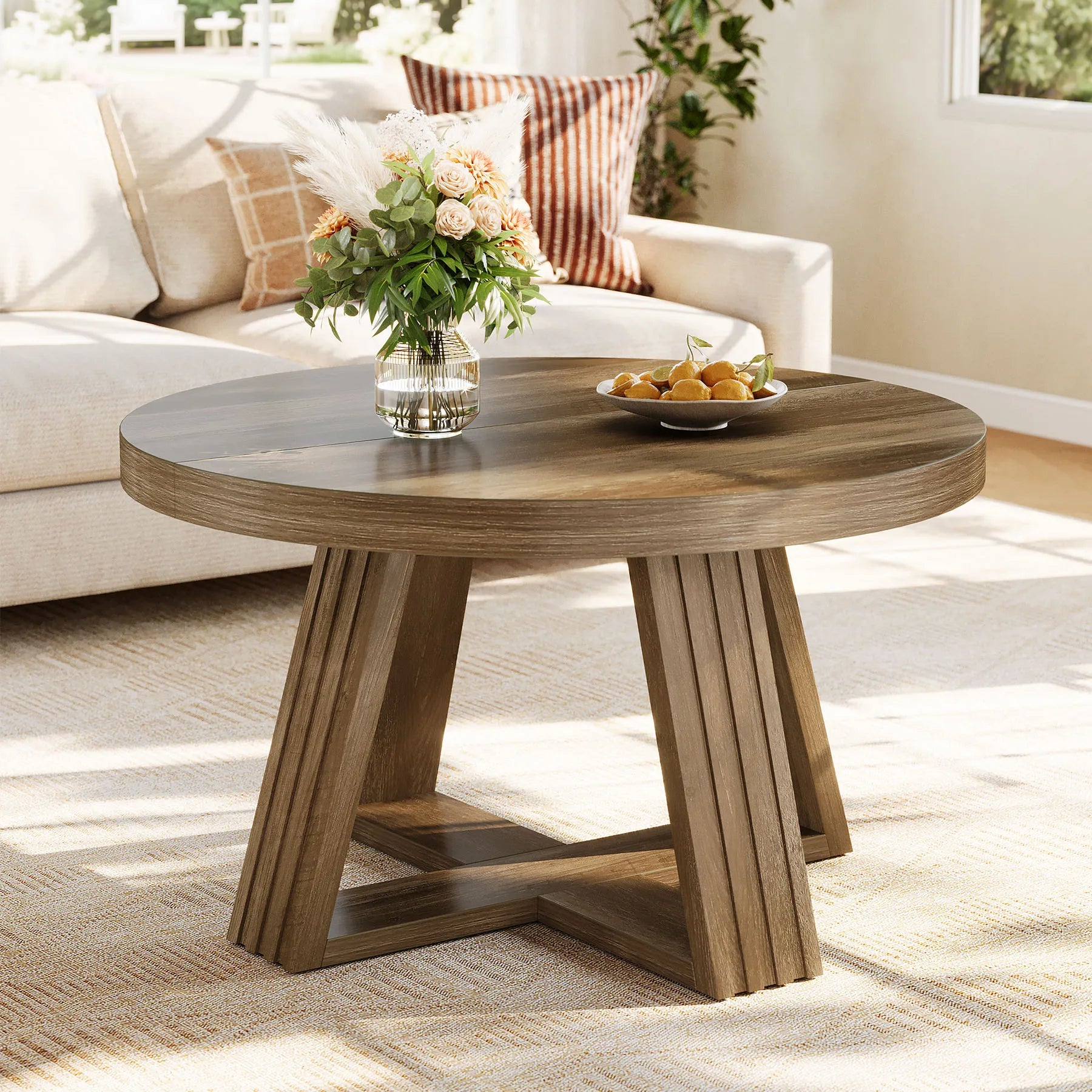 Table basse ronde en bois 80 cm avec plateau massif et piétement croisé