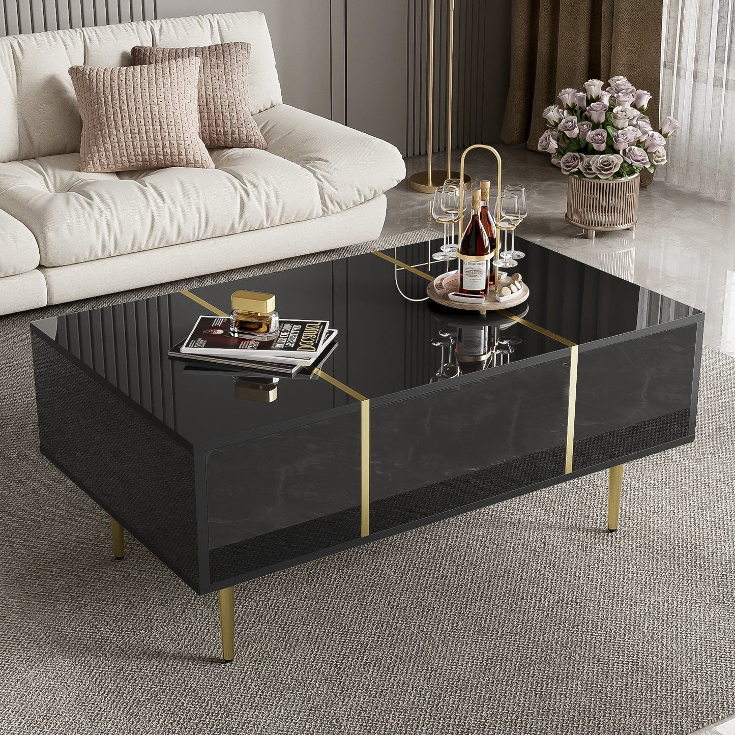 Table basse en bois et noir haut brillant avec 2 tiroirs 100 x 60 x 41,5 cm MDF