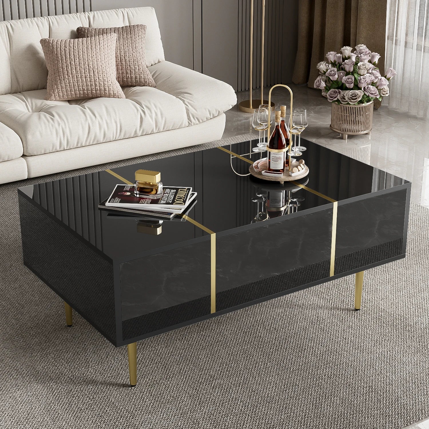 Table basse en bois et noir haut brillant avec 2 tiroirs 100 x 60 x 41,5 cm MDF