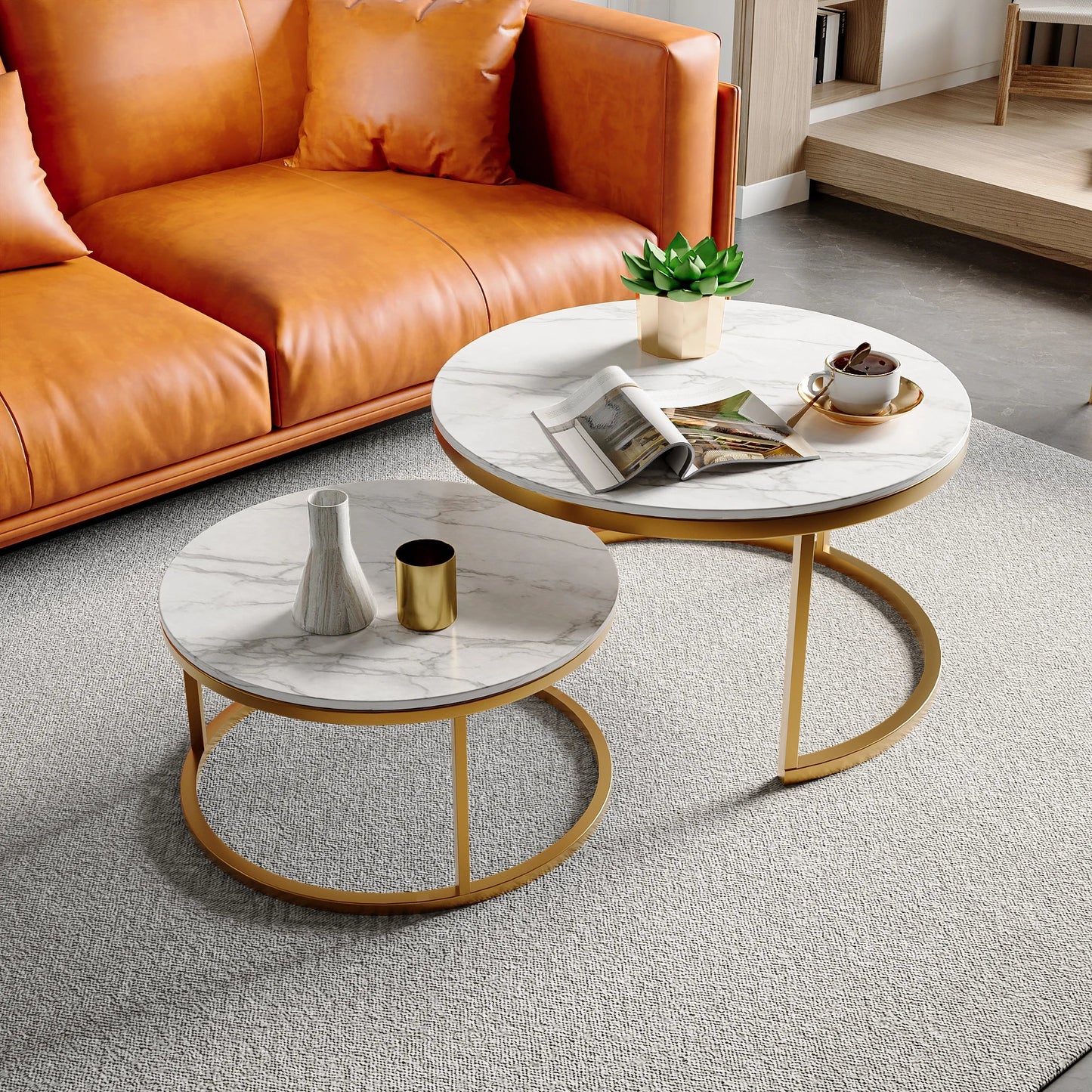 Table basse ronde en bois MDF avec piètement métal doré et noir