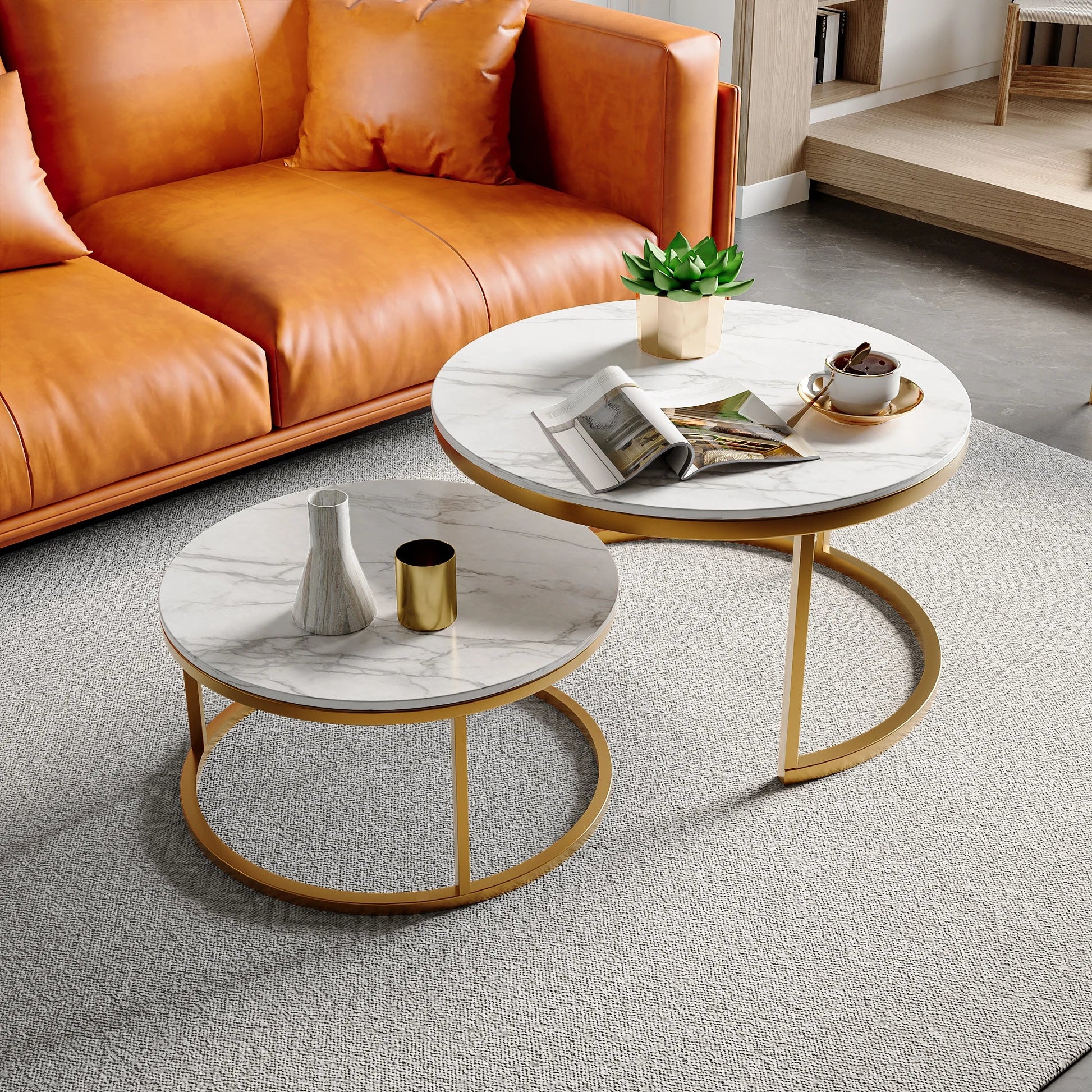 Table basse ronde en bois MDF avec piètement métal doré et noir