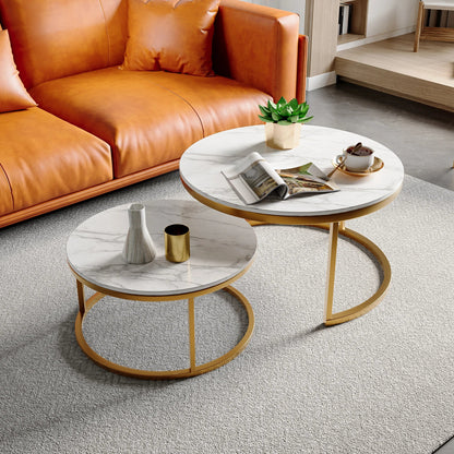 Table basse ronde en bois MDF avec piètement métal doré et noir