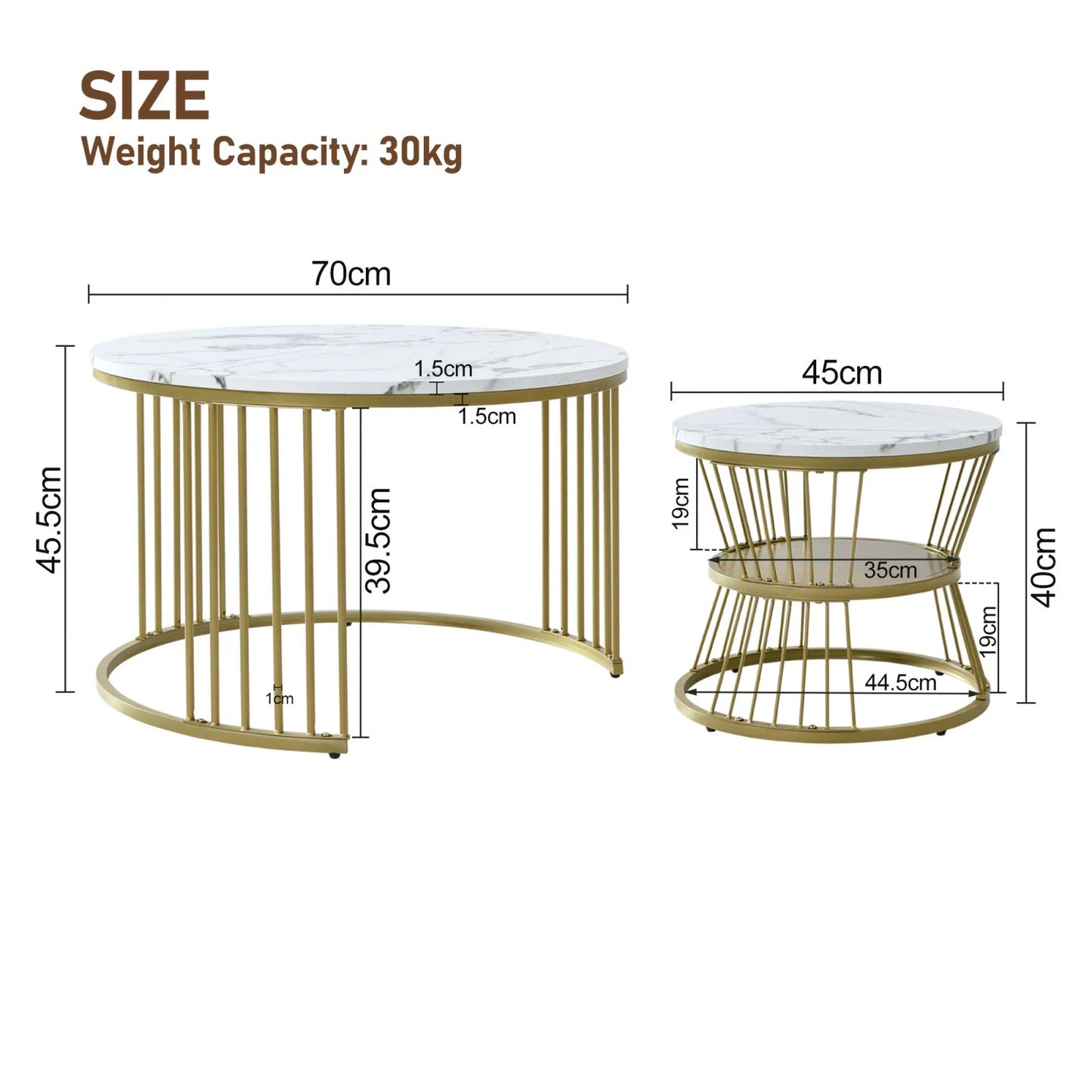 Table basse ronde en bois MDF avec verre trempé double étagère