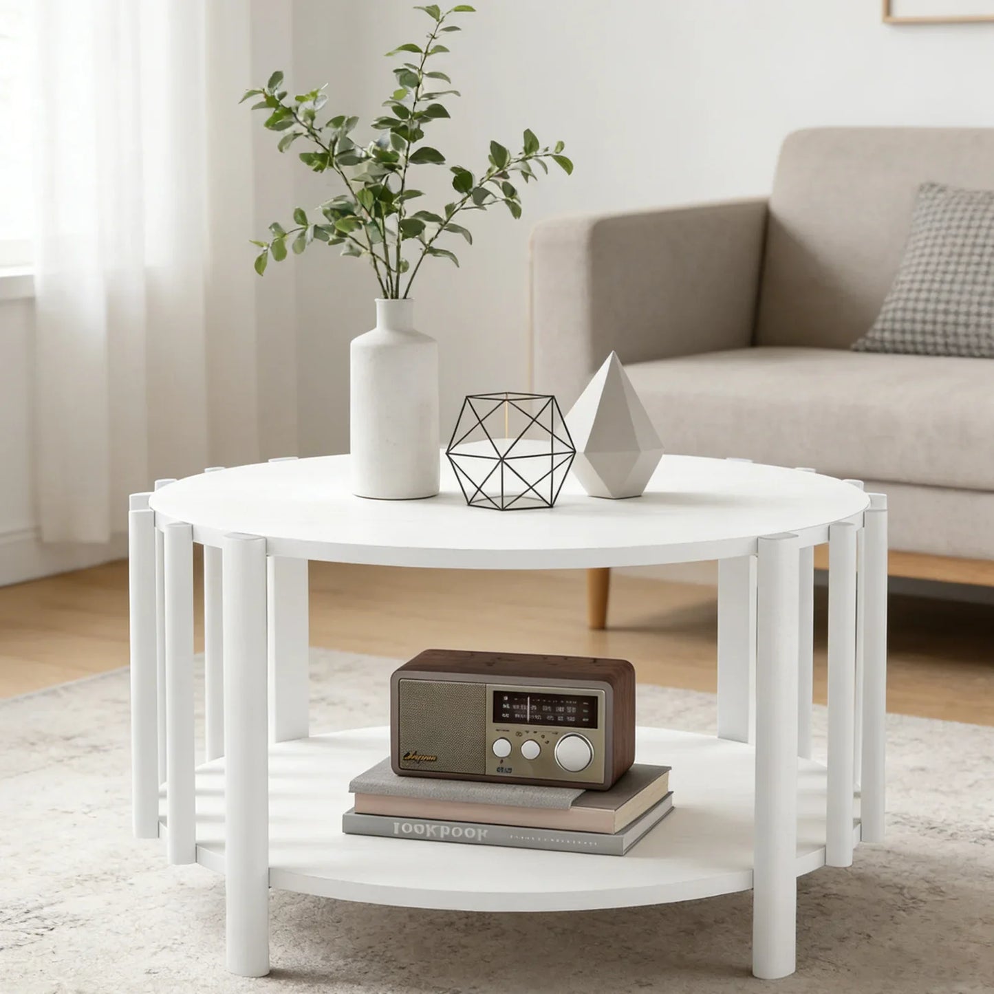 Table basse ronde en bois 2 niveaux avec rangement 74 cm
