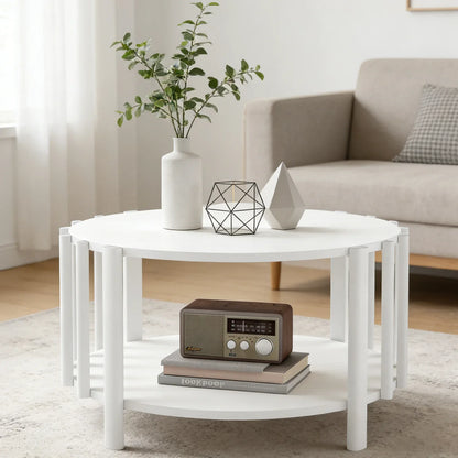 Table basse ronde en bois 2 niveaux avec rangement 74 cm