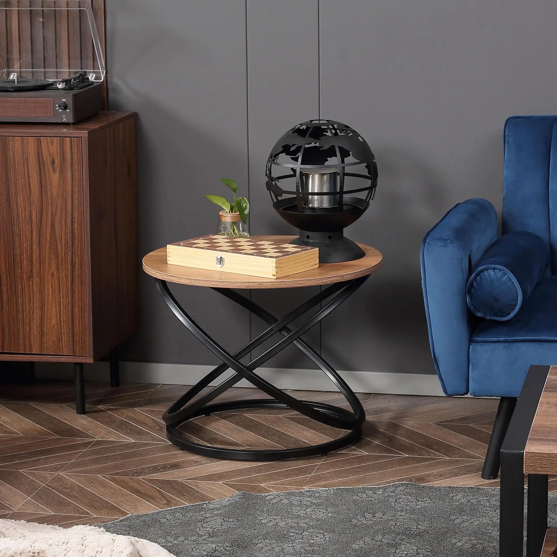 Table basse ronde en bois 60 cm avec cadre métal noir