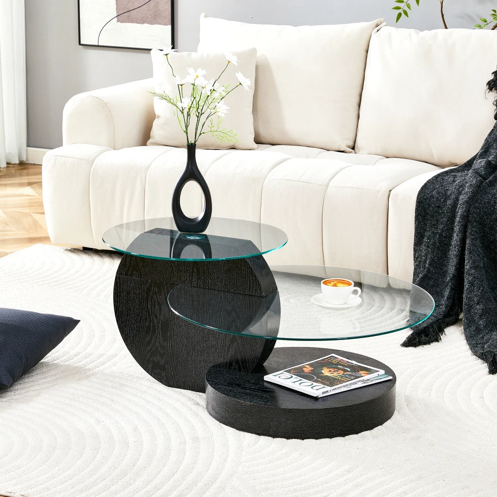 Table basse ronde en bois MDF avec verre trempé double étagère