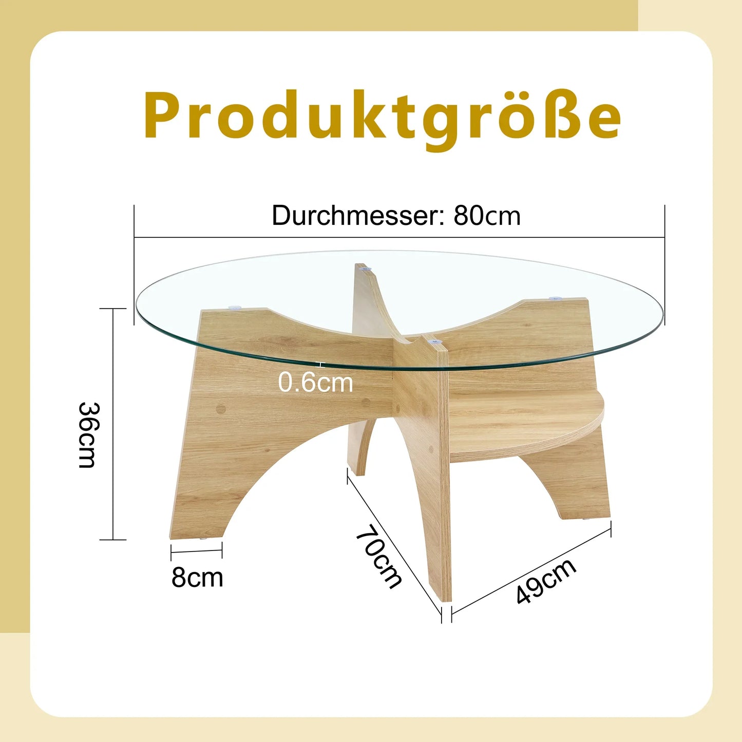 Table basse bois clair et verre transparent ronde 80 cm avec pieds éventail