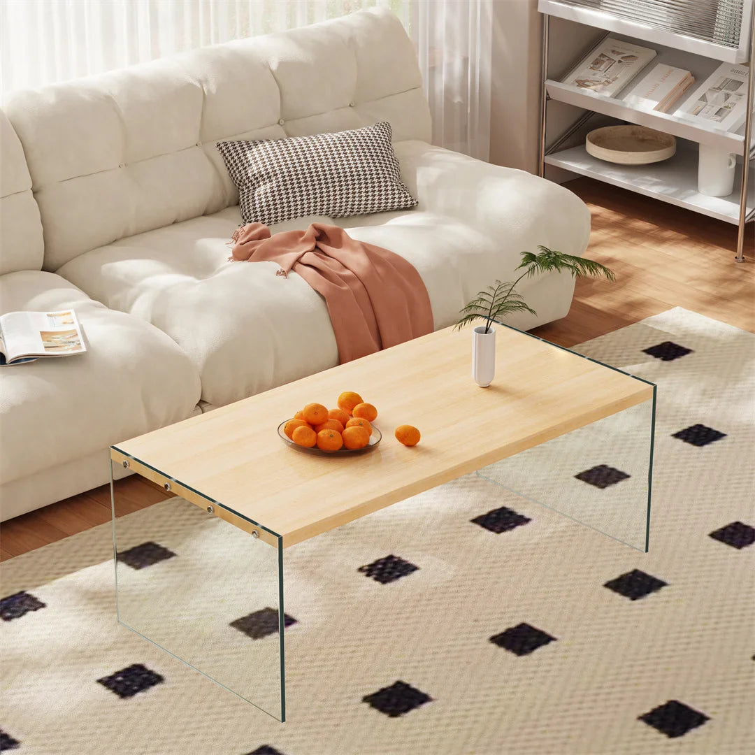 Table basse bois clair 120x60x45 cm avec plateau en verre trempé