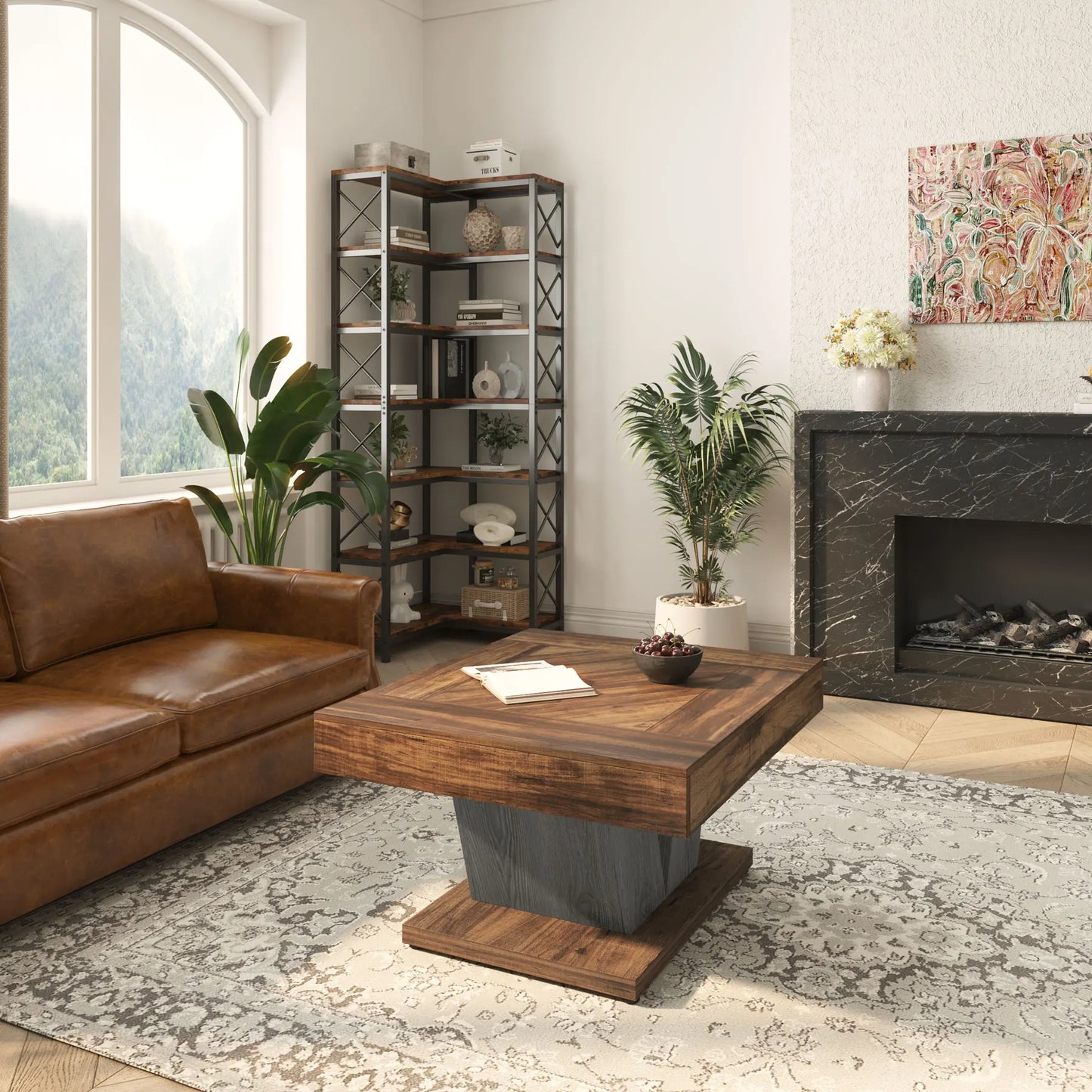 Table basse en bois massif 80 x 80 x 51 cm marron foncé et noire