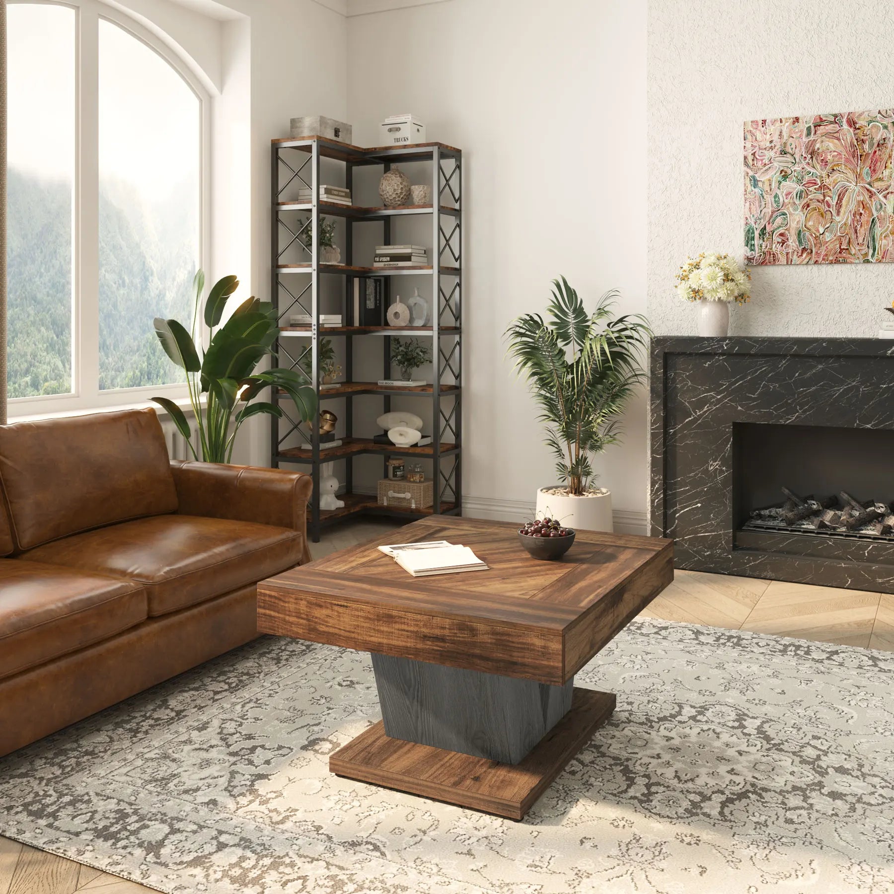 Table basse en bois massif 80 x 80 x 51 cm marron foncé et noire