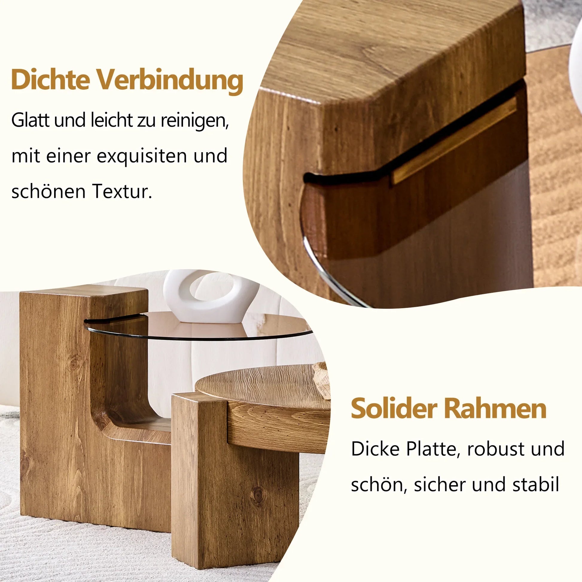 Table basse ronde en bois MDF et verre trempé teinté brun gigogne 2 pièces