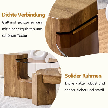 Table basse ronde en bois MDF et verre trempé teinté brun gigogne 2 pièces