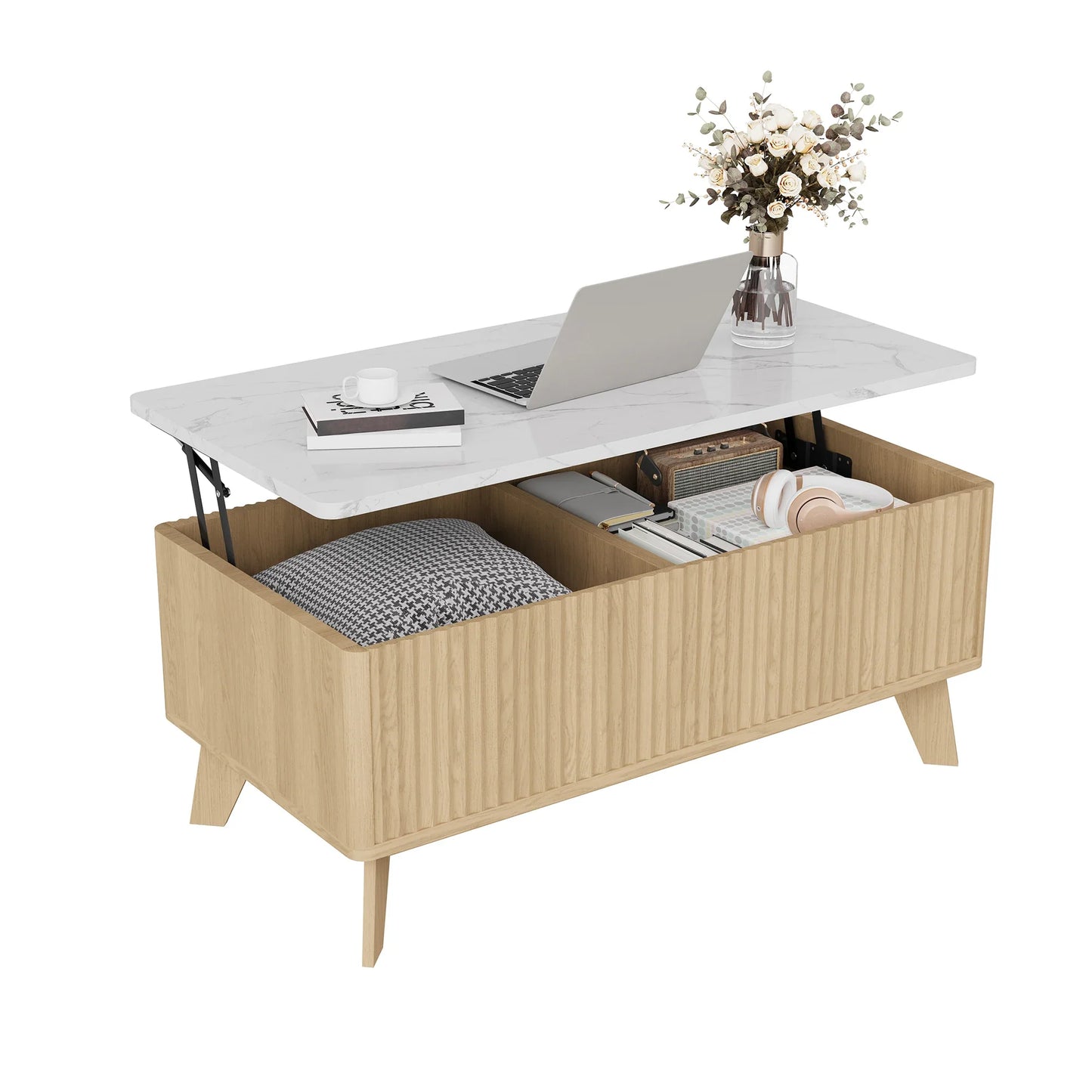 Table basse bois clair avec plateau relevable et rangement 105 x 84 x 42 cm