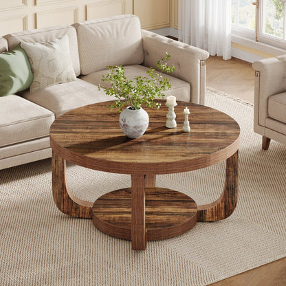 Table basse ronde en bois 2 niveaux avec rangement 80 cm