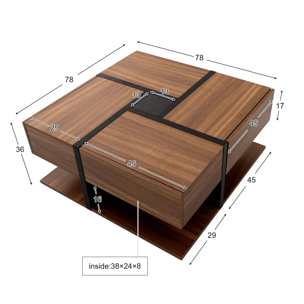 Table basse bois clair 78x78x36 cm avec 4 tiroirs et rangement double niveau