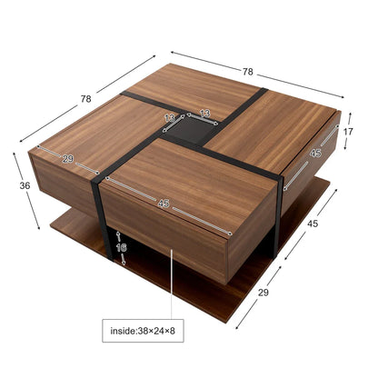 Table basse bois clair 78x78x36 cm avec 4 tiroirs et rangement double niveau