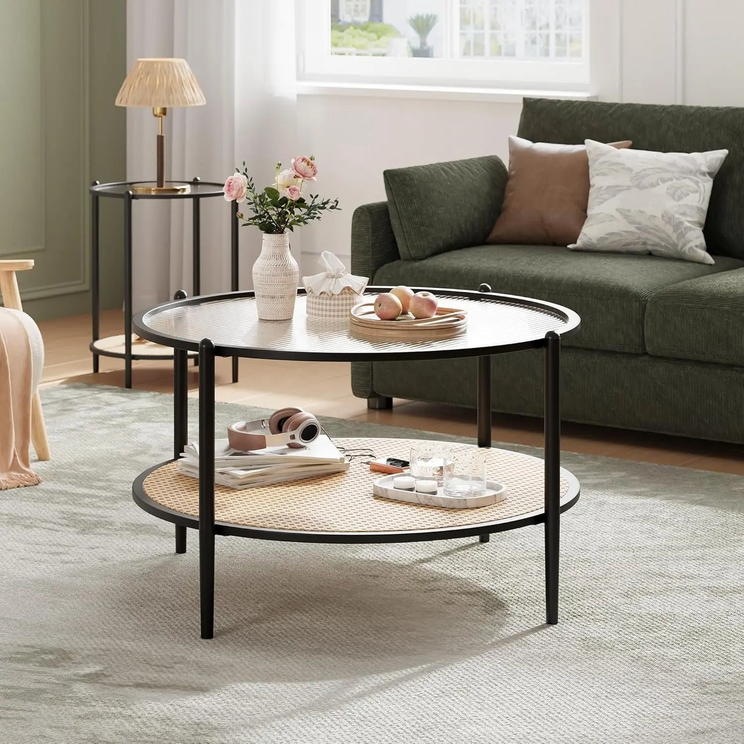 Table basse en bois et noir ronde en rotin 78 cm avec plateau en verre trempé