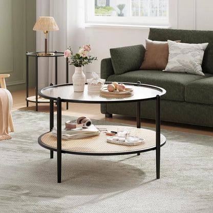 Table basse en bois et noir ronde en rotin 78 cm avec plateau en verre trempé