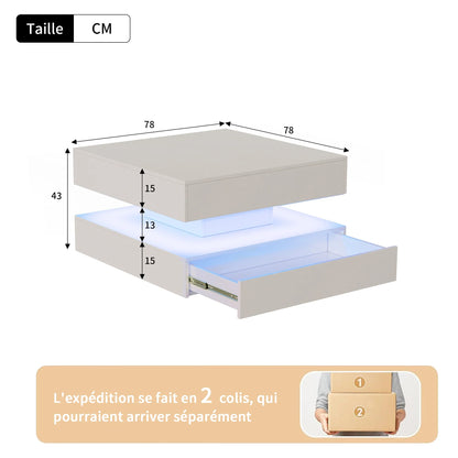 Table basse blanche et en bois multifonctionnelle avec LED RGB et tiroirs à ouverture tactile