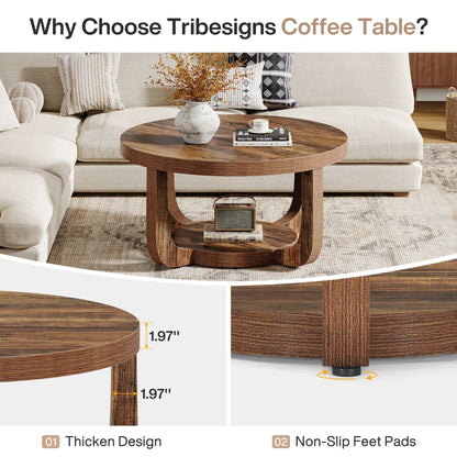 Table basse ronde en bois 2 niveaux avec rangement 80 cm