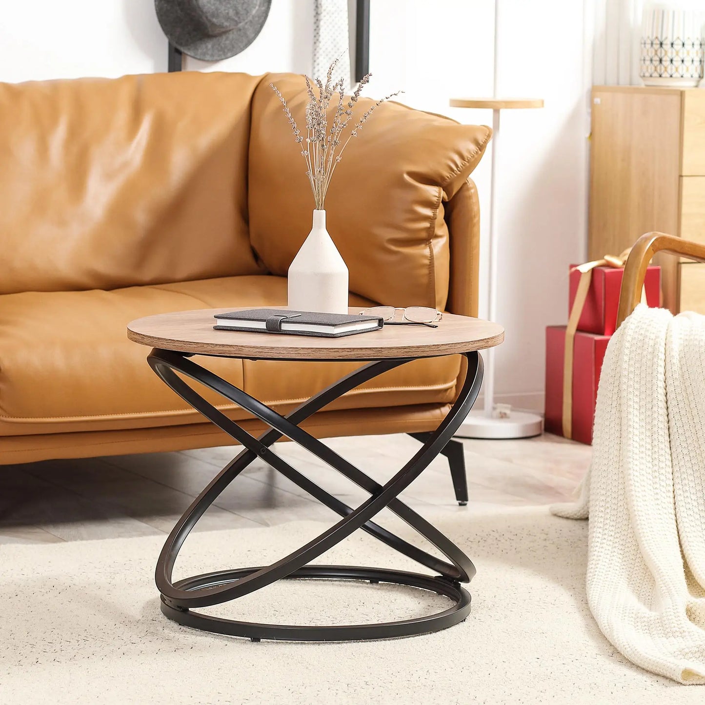 Table basse ronde en bois 60 cm avec cadre métal noir