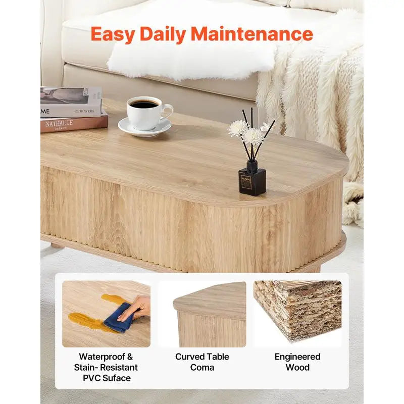 Table basse bois clair ovale avec plateau relevable et rangement caché 100 cm
