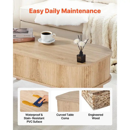 Table basse bois clair ovale avec plateau relevable et rangement caché 100 cm